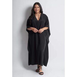 OCEAN + MAIN Black Silk V-Neck Placket Long Caftan Sz 2X